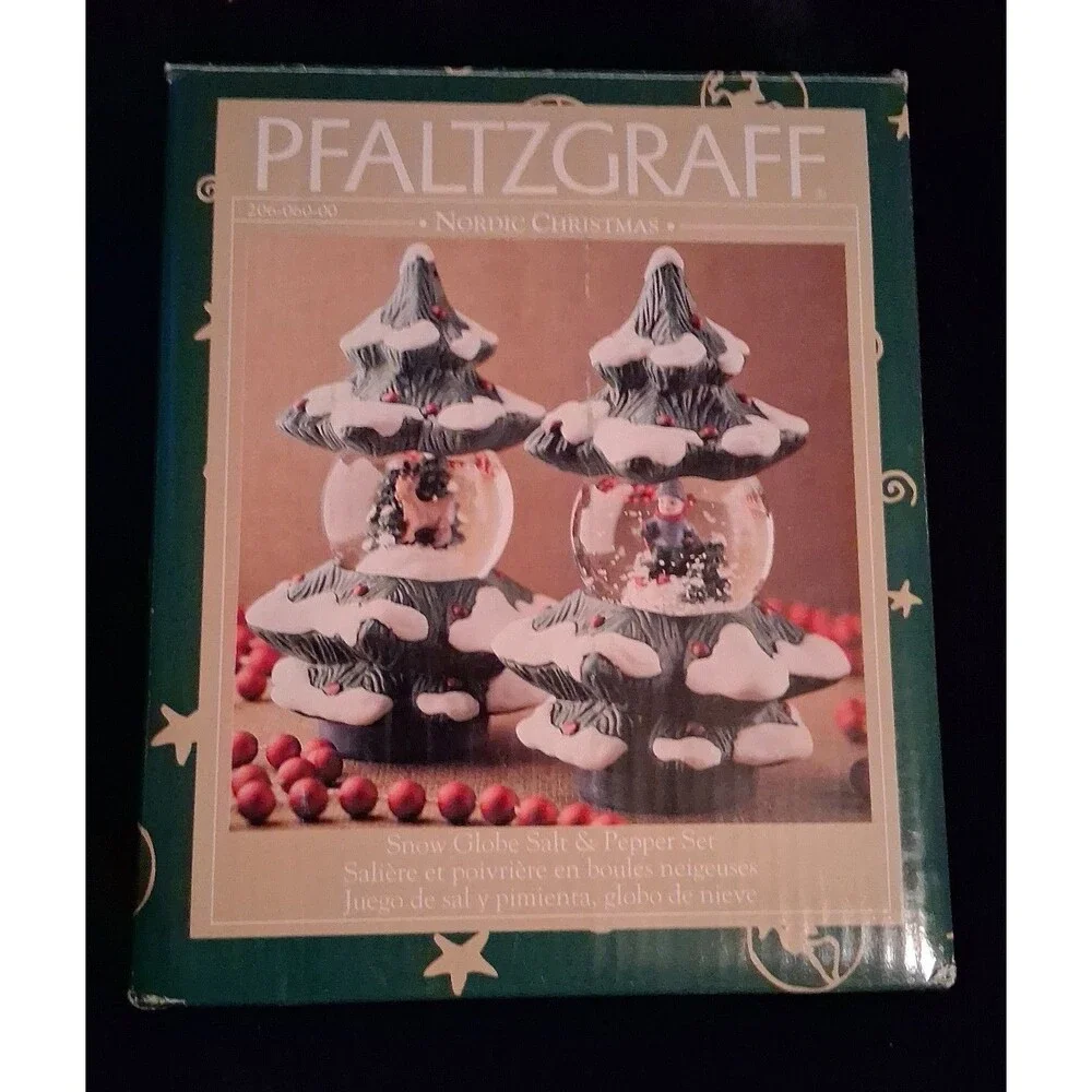 Pfaltzgraff Christmas tree shaped snow globe salt and pepper shakers